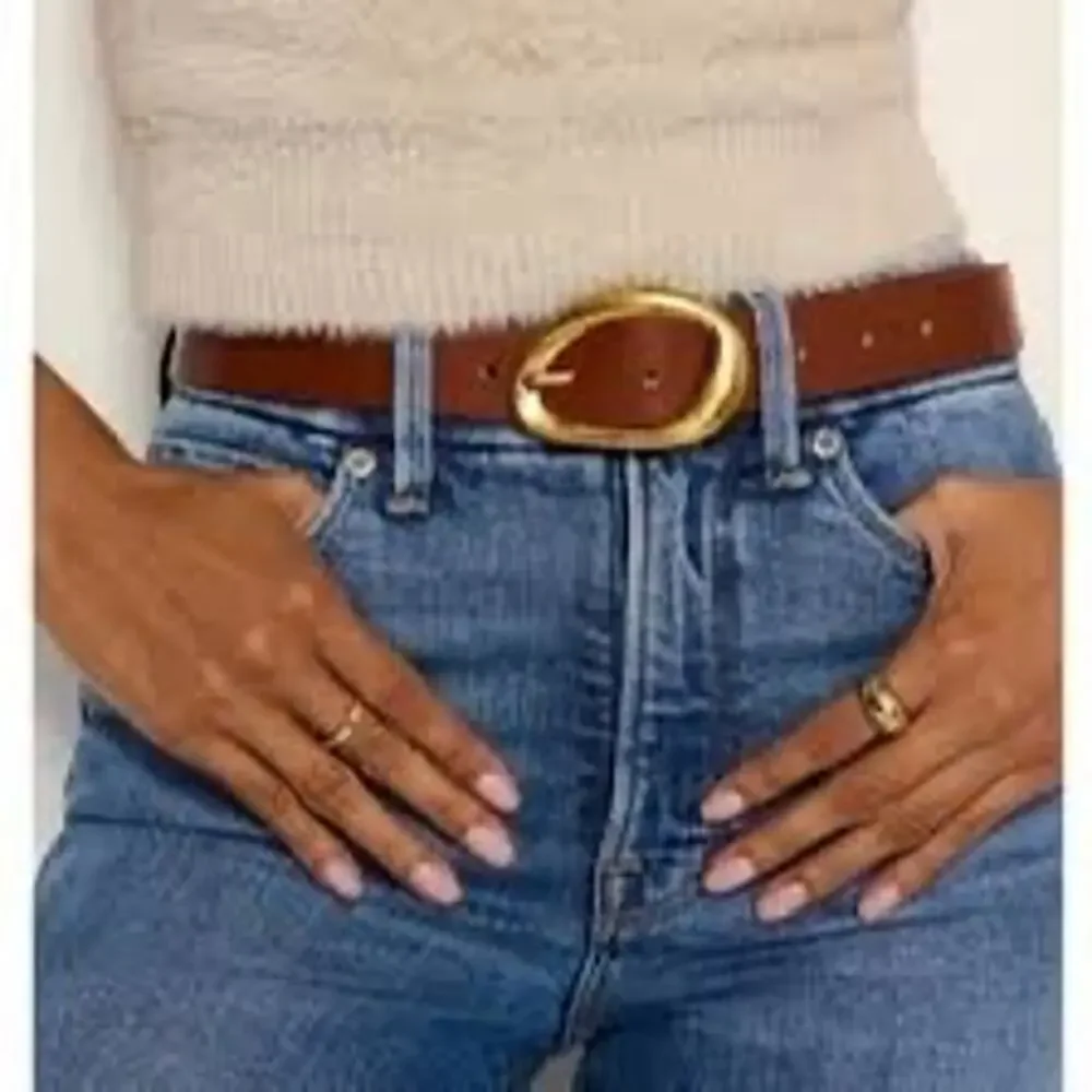 NWT M/L Good American Cognac Brown Sculpted Oval Gold Buckle Leather Belt